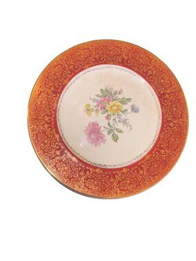 Vintage Floral Plate With Gold & Red Rim 10.5" Decorative China Dinnerware